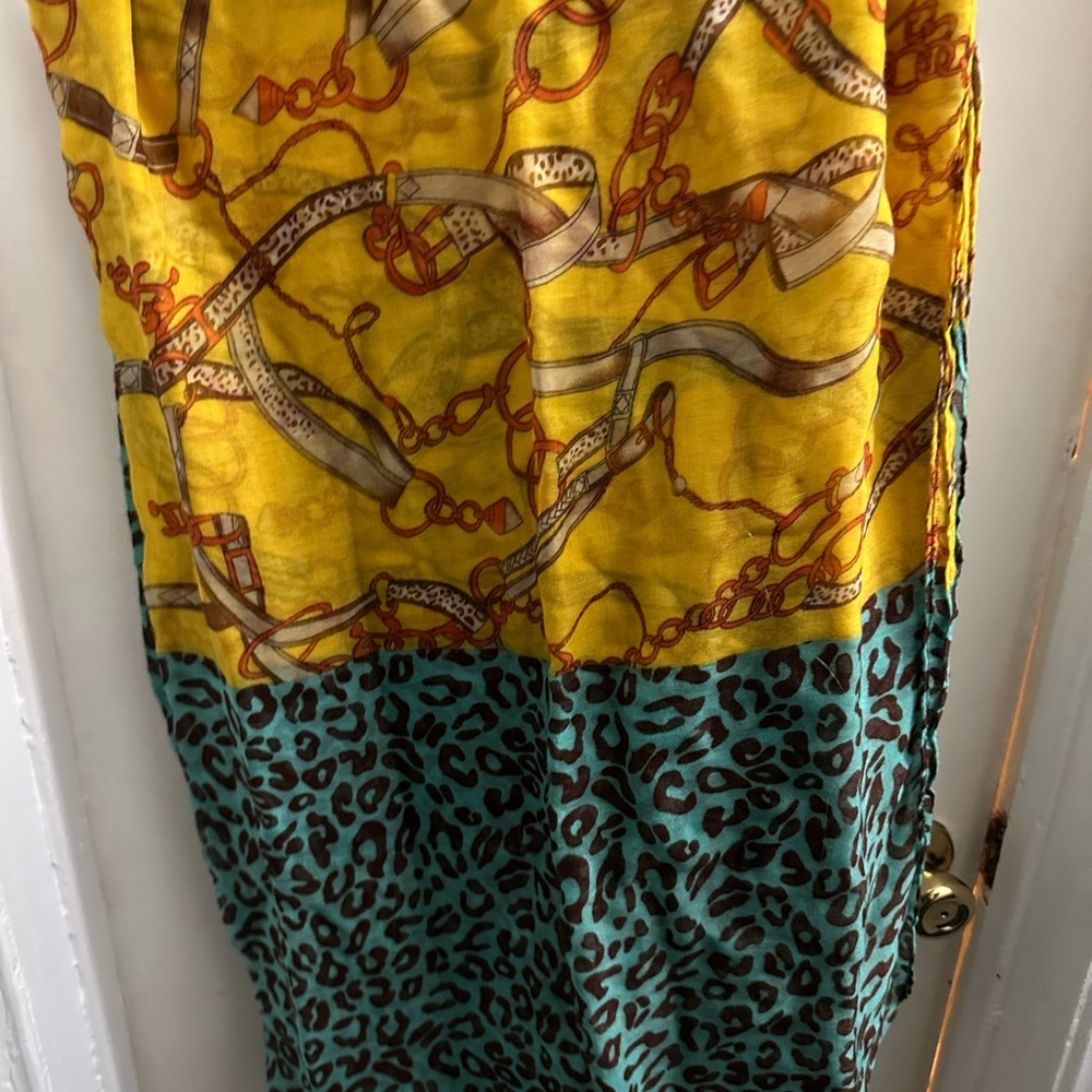 Yellow and Teal Scarf with Chain and Leopard Print